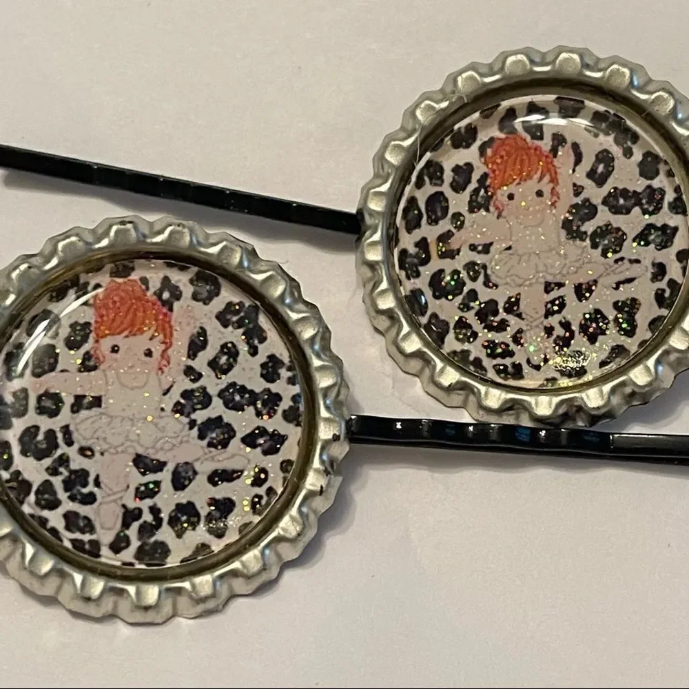 NEW bottle cap Bobbie pin pair red head ballerina ballet leopard print